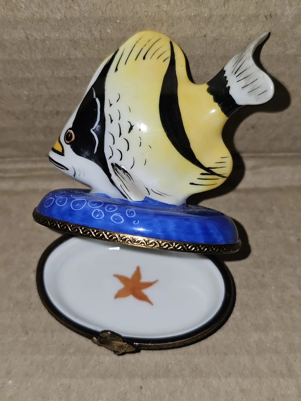 Limoges Yellow and Black Angelfish Trinket Box on Blue Base